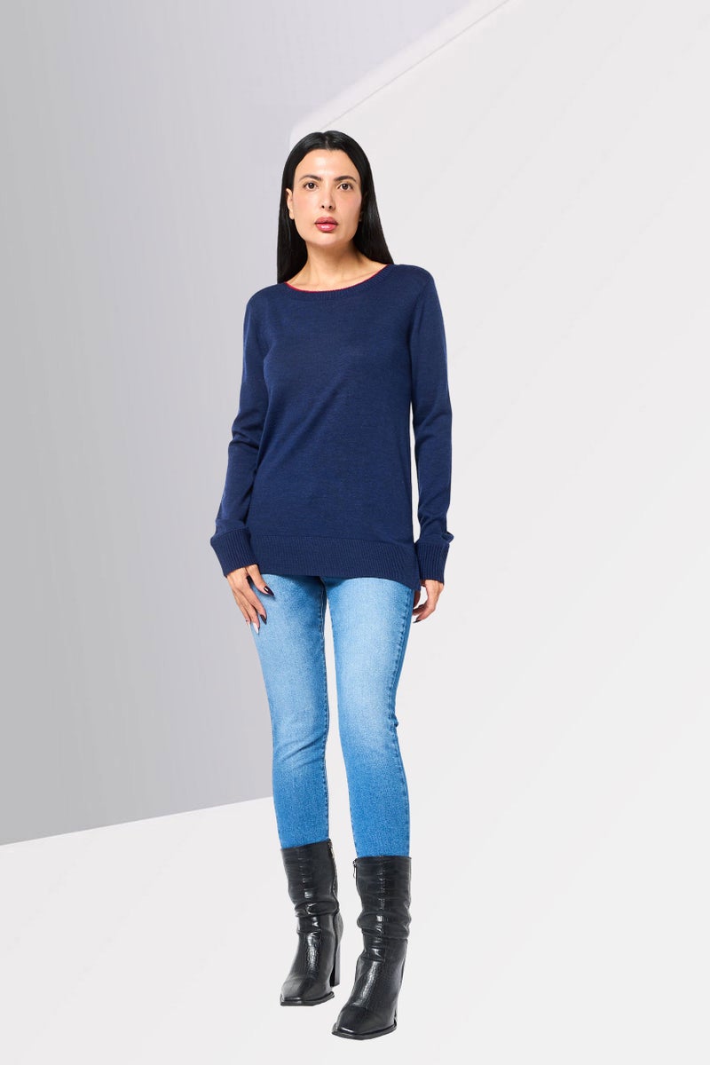 LACOSTE Women Crew Neck Plain Sweater, Navy - Image 4